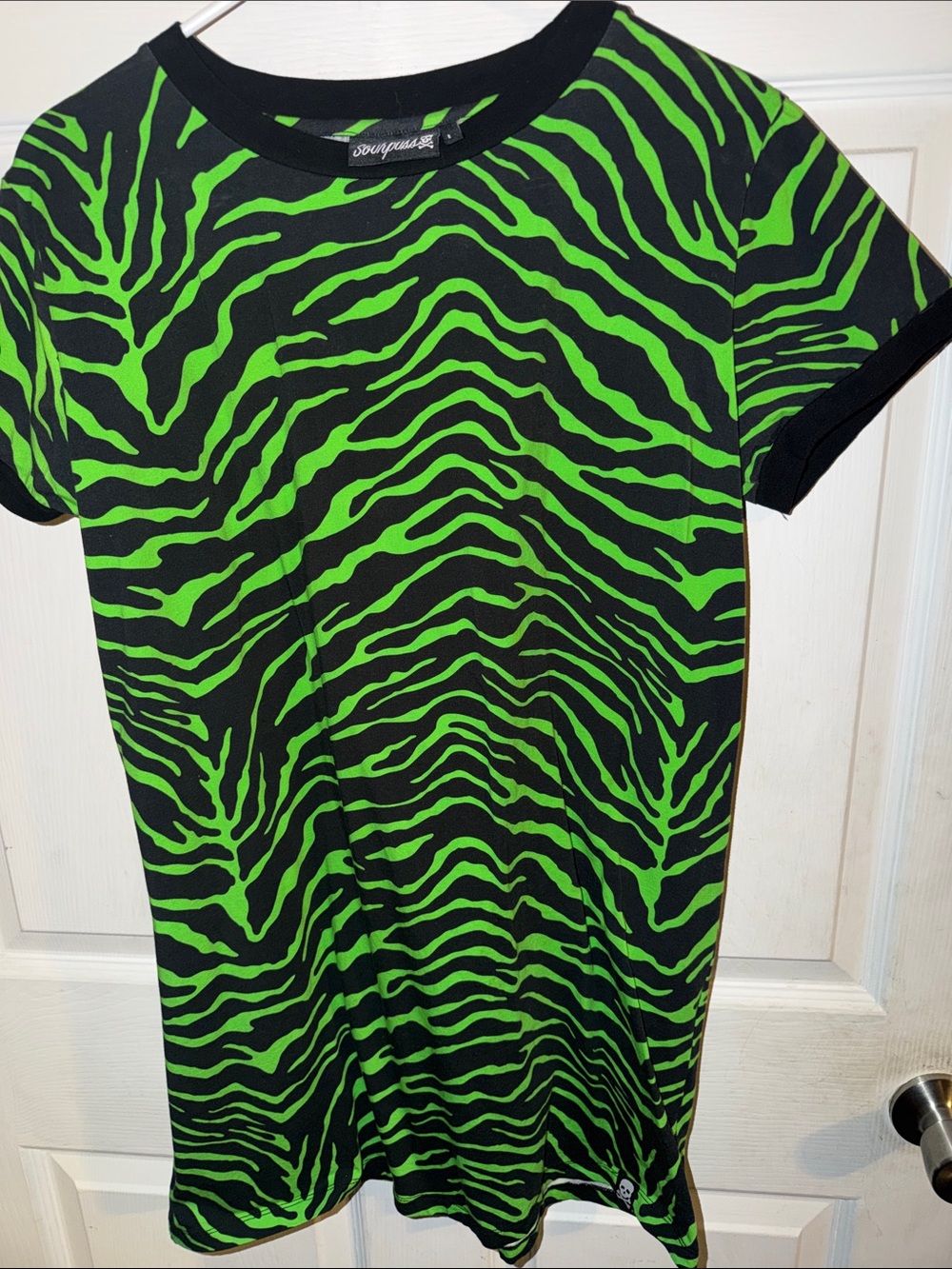 Sourpuss Black Tee with Neon Green Zebra Stripes
